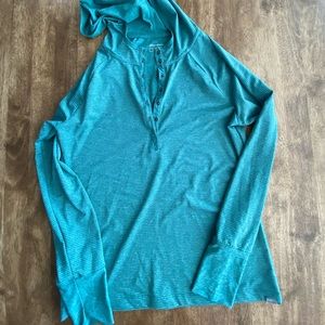 Eddie Bauer Teal Green and White Striped Hooded long Sleeve Dry Wicking